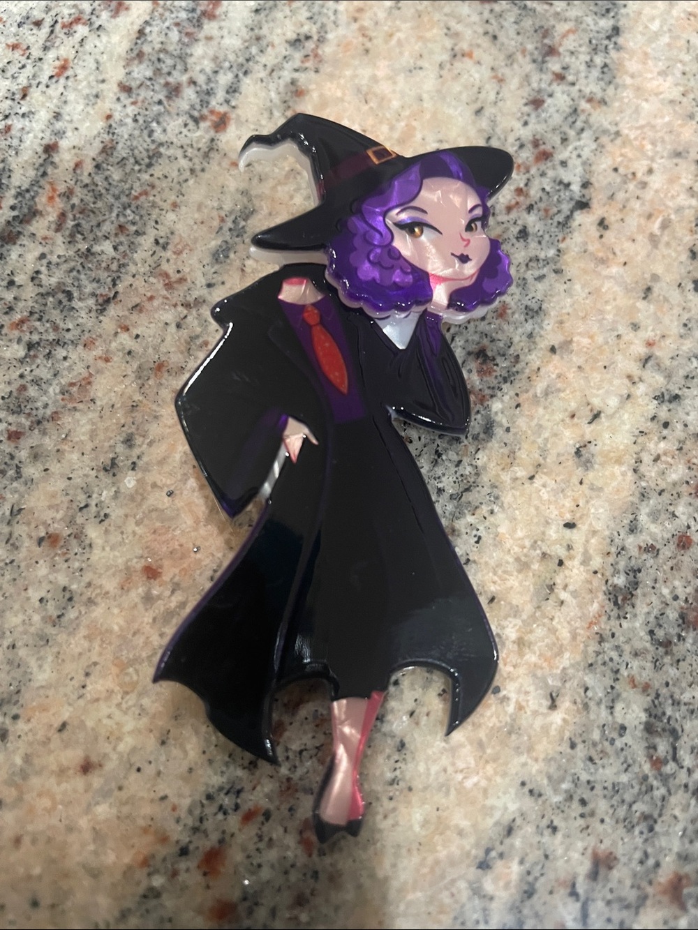 New, Halloween Brooch/Pin Purple-Haired Witch Costume with Black Cloak